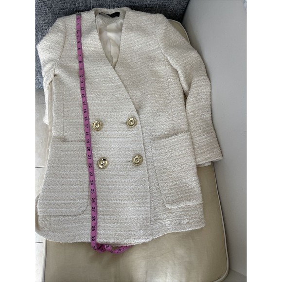 ZARA White & Gold Tweed Textured Double Breasted Jacket  Blazer Frock Coat XS - Picture 7 of 7